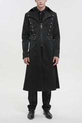 Manteau long gothique pour homme à col à revers noir, croisé à fermeture éclair en métal